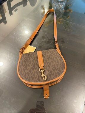 Michael Kors Brown Logo Saddle Crossbody with Cognac Trim